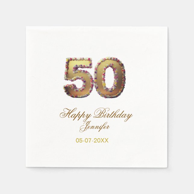 Guardanapo De Papel 50th birthday add name date year gold floral bold  (Frente)