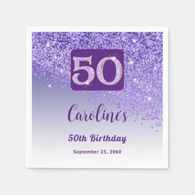 Guardanapo De Papel 50th Birthday Party Sparkling Purple Glitter (Frente)
