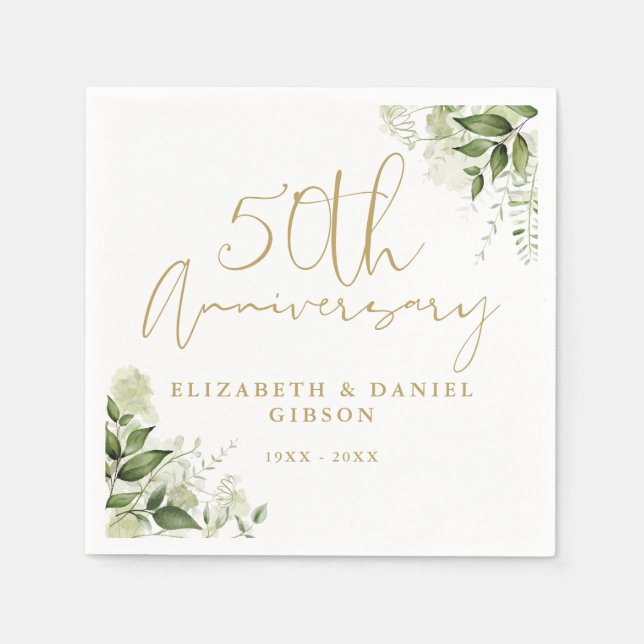 Guardanapo De Papel 50th Wedding Anniversary Greenery Gold Script (Frente)