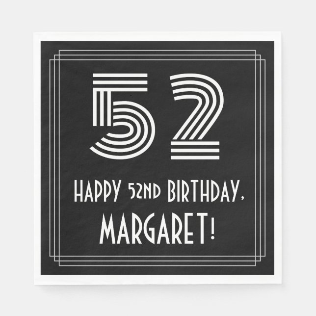 Guardanapo De Papel 52.º Aniversário: Art Deco Inspira "52" + Nome (Frente)
