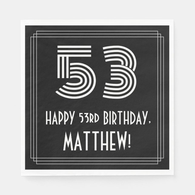 Guardanapo De Papel 53.º Aniversário: Art Deco Inspira "53" + Nome (Frente)