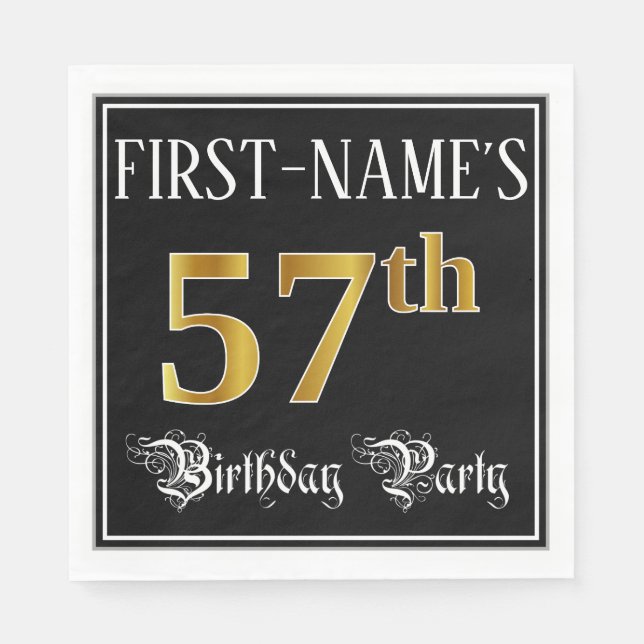 Guardanapo De Papel 57th Birthday Party — Fancy Script, Faux Gold Look (Frente)