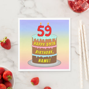 Guardanapo De Papel 59º aniversário: Bolo e Velas Divertidas + Nome Pe