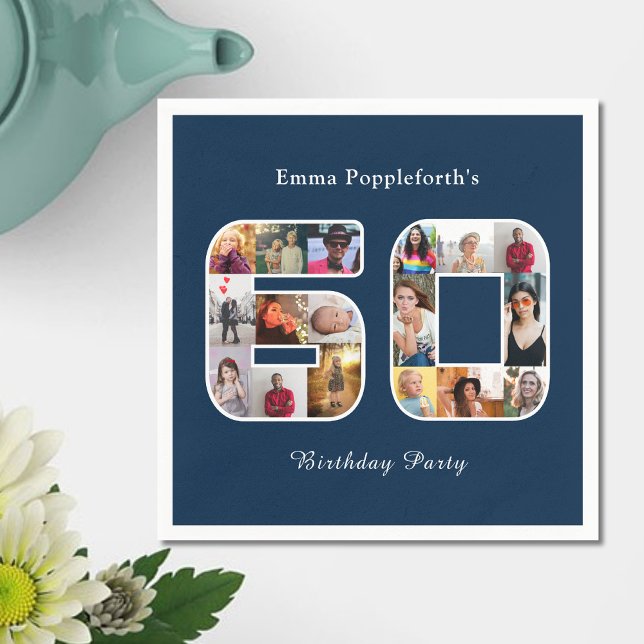 Guardanapo De Papel 60º aniversário 60 º aniversário Colagem fotográfi (Dark Navy Blue 60th birthday party paper napkin. 60 photo collage template.)