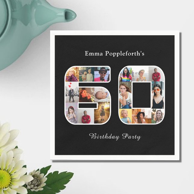 Guardanapo De Papel 60º aniversário 60 Colagem de Fotos Preta Branca (60th birthday party paper napkin. black with white text and photo collage template.)