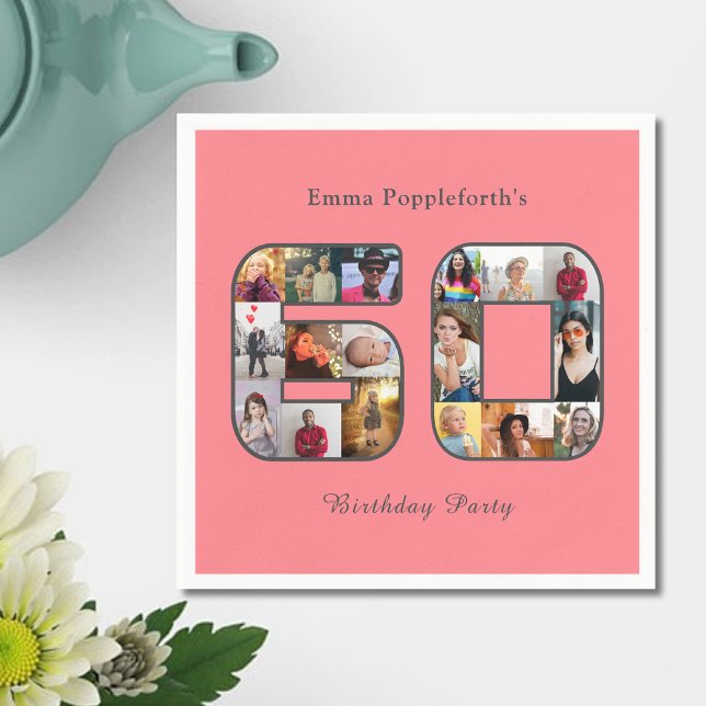 Guardanapo De Papel 60º aniversário 60 Colagem fotográfica cor-de-rosa (Blush pink 60th birthday party paper napkin. 60 photo collage template,)