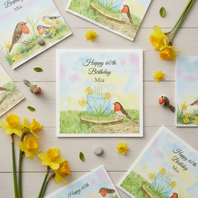 Guardanapo De Papel 60th Birthday Robin with Daffodil Cake (Criador carregado)