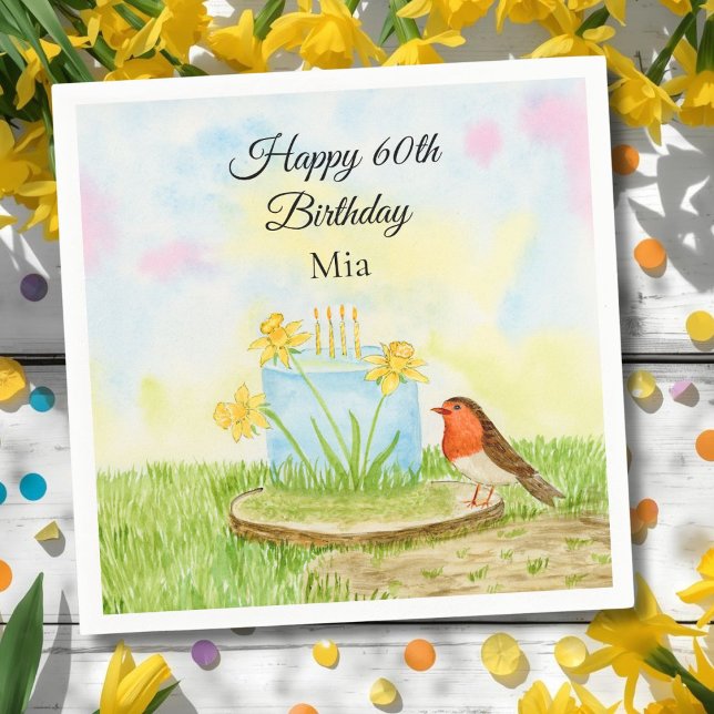 Guardanapo De Papel 60th Birthday Robin with Daffodil Cake (Criador carregado)