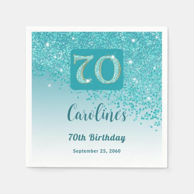 Guardanapo De Papel 70 Birthday Bonito Teal Blue Glitter Napkins (Frente)