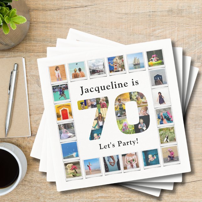 Guardanapo De Papel 70 Birthday Design da sua própria Colagem de Fotos (Custom 70th birthday party napkins with family photo collage template)