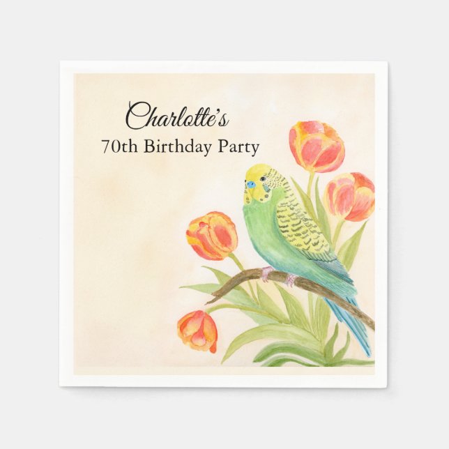 Guardanapo De Papel 70th Birthday Party Parakeet with Tulips  (Frente)