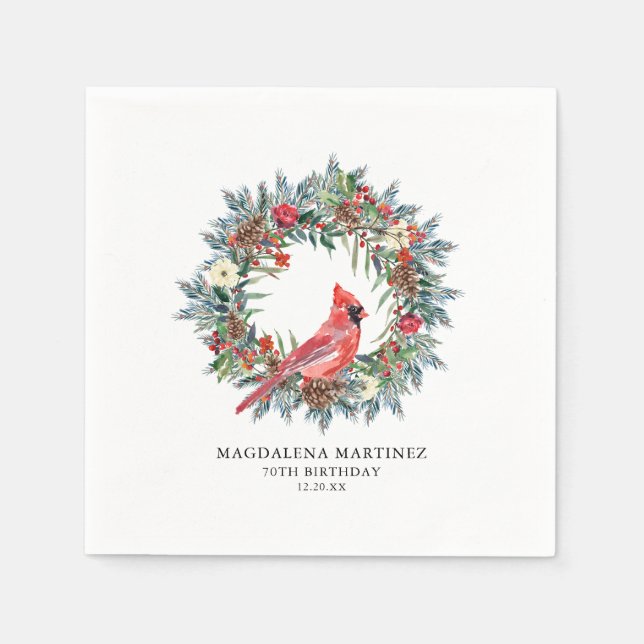 Guardanapo De Papel 70th Birthday Red Cardinal Wreath Custom Cocktail (Frente)