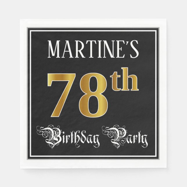 Guardanapo De Papel 78th Birthday Party — Fancy Script, Faux Gold Look (Frente)