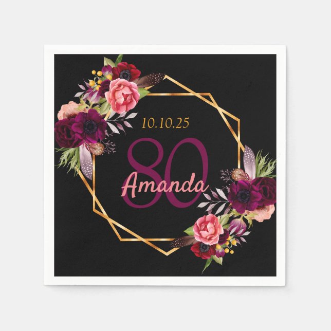 Guardanapo De Papel 80 aniversário floral preto burgundy geométrico (Frente)