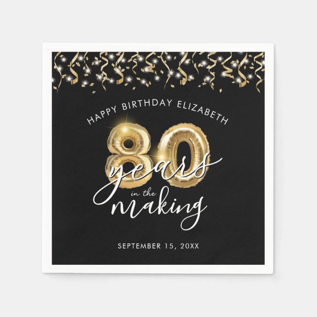 Guardanapo De Papel 80 Birthday Black Dourado Script Balloon Streamers (Frente)