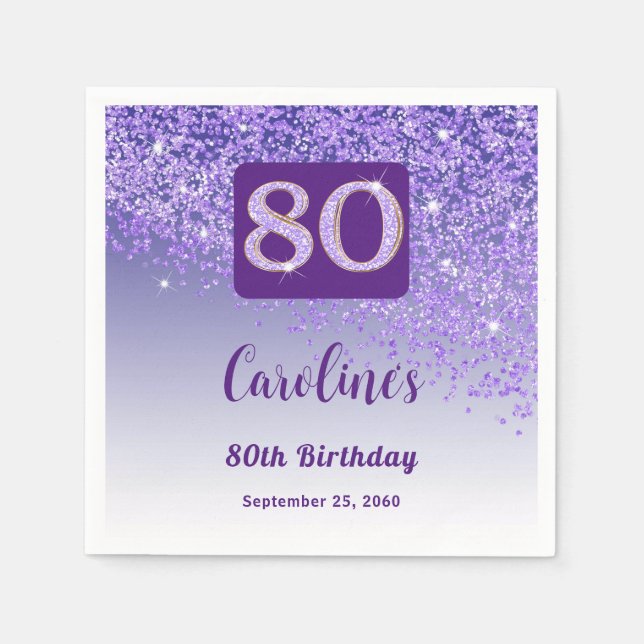 Guardanapo De Papel 80 Birthday Bonito Roxo Glitter (Frente)