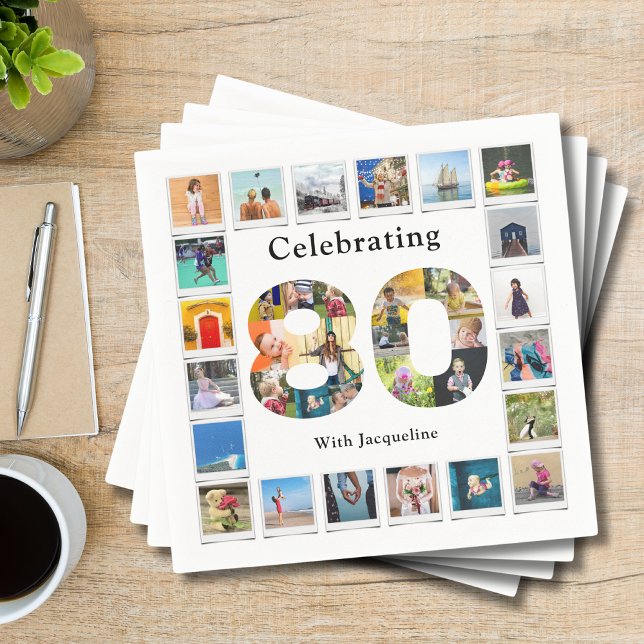 Guardanapo De Papel 80 Birthday Design da sua própria Colagem de Fotos (Personalized 80th birthday party napkin with custom family photo collage template.)