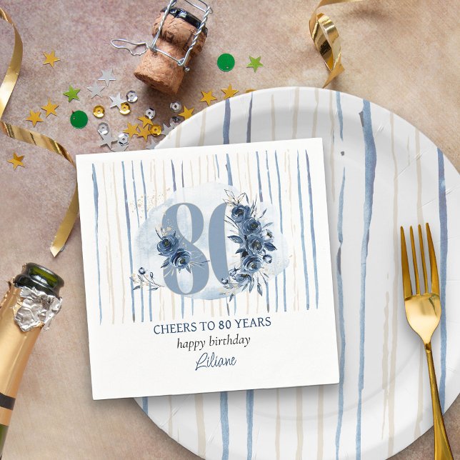Guardanapo De Papel 80 Birthday Floral Number Coastal Blue Stripe (80th Birthday Napkins from my Floral Number Milestone Birthday Collection)