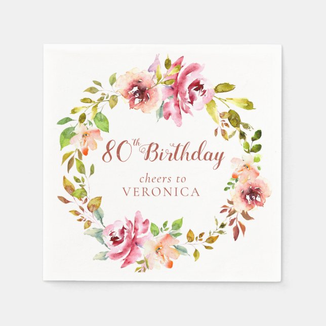 Guardanapo De Papel 80 Birthday Floral Wreath Paper Napkin (Frente)