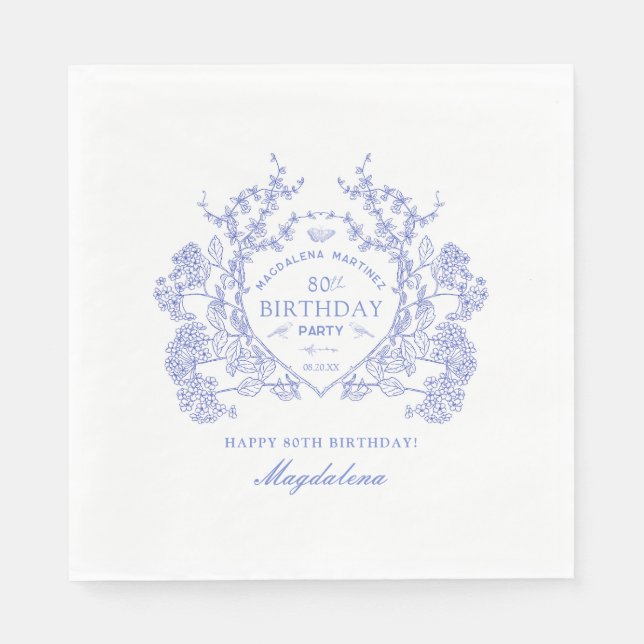 Guardanapo De Papel 80 Birthday francês Blue Floral Crest Personalizad (Frente)