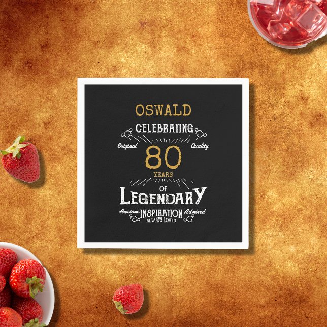 Guardanapo De Papel 80 Birthday Legendday Black Dourado Retro (For those celebrating their 80th birthday we have the ideal birthday party napkins )