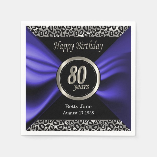 Guardanapo De Papel 80 Birthday | Leopardo - Roxo Azul - Personalizado (Frente)