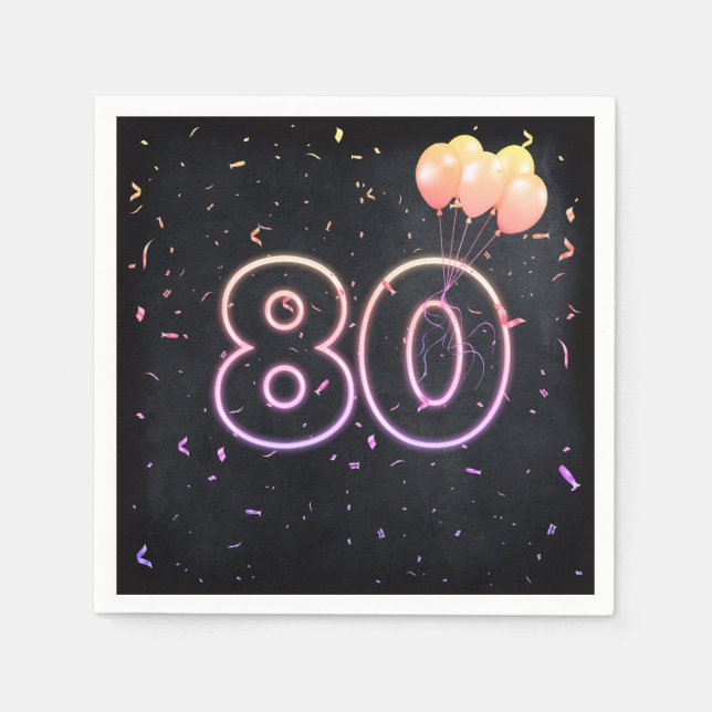 Guardanapo De Papel 80 Birthday Neon Sign on Black Napkins (Frente)