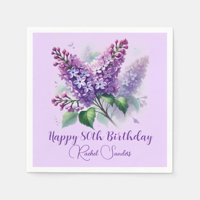 Guardanapo De Papel 80 Birthday Roxo Flores Lilás Primavera (Frente)