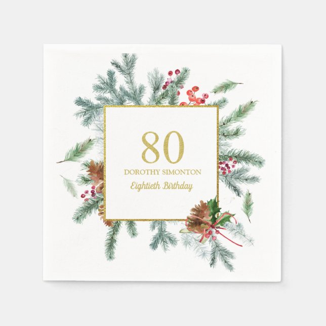 Guardanapo De Papel 80 Birthday Rustic Winter Greenery Red Arco (Frente)