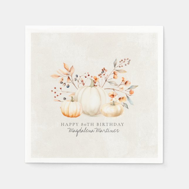 Guardanapo De Papel 80 Birthday White Pumpkin Fall Folha Personalizada (Frente)