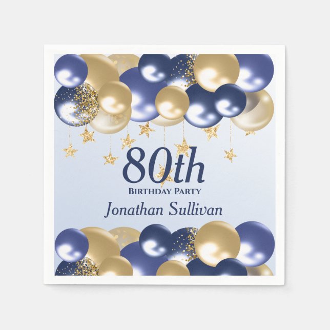 Guardanapo De Papel 80th Birthday Navy Gold Balloons Party (Frente)
