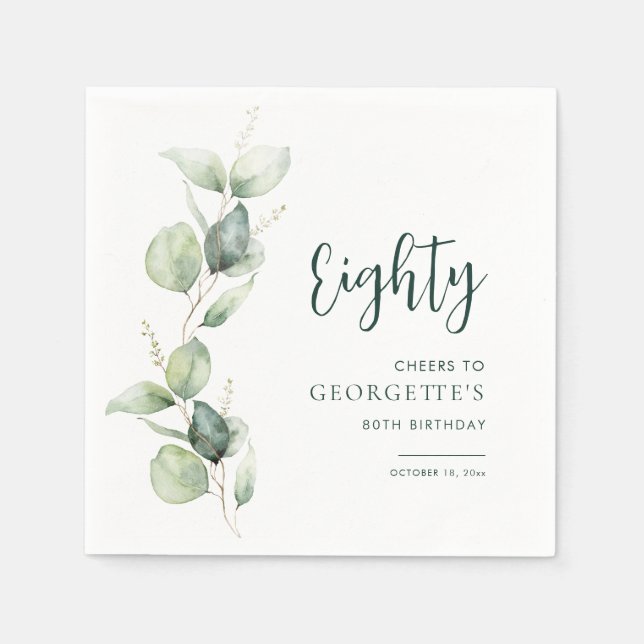 Guardanapo De Papel 80th Birthday Watercolor Eucalyptus Paper (Frente)