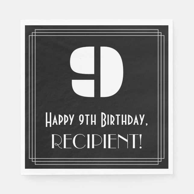 Guardanapo De Papel 9º aniversário: Art Deco Inspira "9" + Nome (Frente)