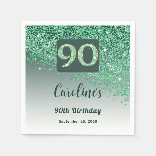 Guardanapo De Papel 90 Birthday Bonito Glitter Verde (Frente)