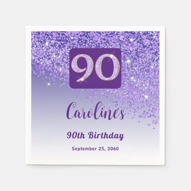 Guardanapo De Papel 90 Birthday Bonito Roxo Glitter (Frente)