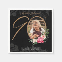 90 Birthday Elegant Floral Black Dourado Personali