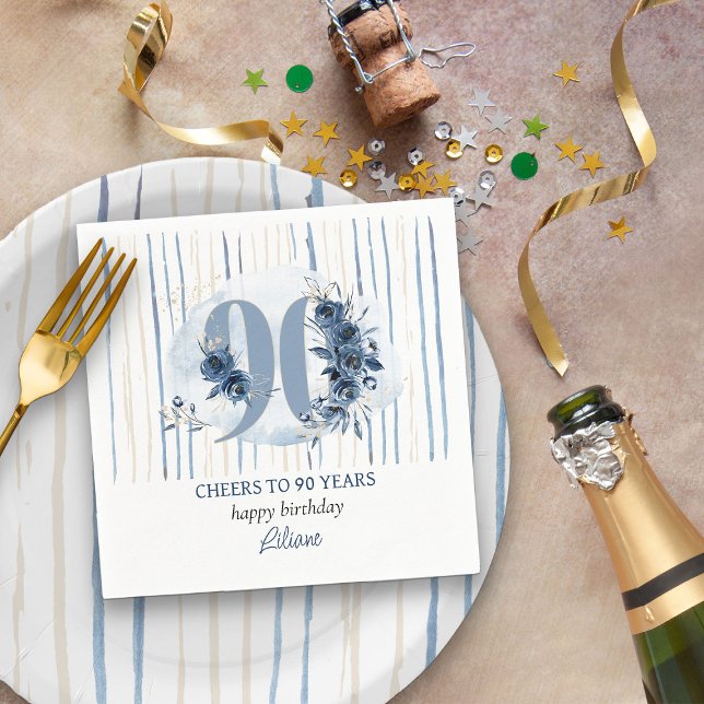 Guardanapo De Papel 90 Birthday Floral Number Coastal Blue Stripe (90th Birthday Party Napkins from my Floral Number Birthday Party Collection)