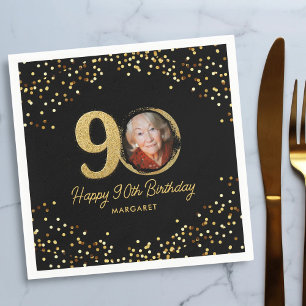 Guardanapo De Papel 90 Birthday Foto Elegante Negra Dourada Brilhante