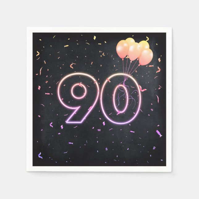Guardanapo De Papel 90 Birthday Neon Sign on Black Napkins (Frente)