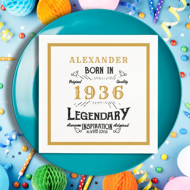 Guardanapo De Papel 90th Birthday Born 1936 White Gold Legend (Born 1936 Napkin on a blue plate.)