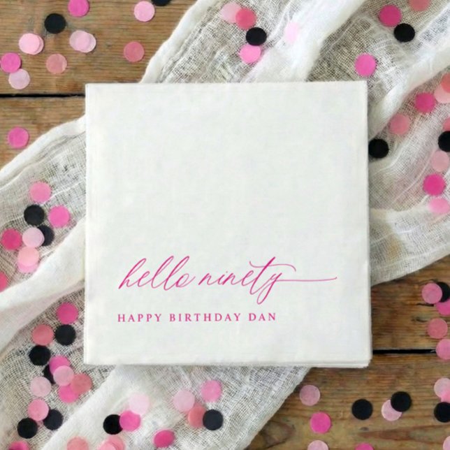 Guardanapo De Papel 90th Birthday Party Pink Hello 90 Modern Elegant (Pink hello 90 minimalist script 90th birthday party napkins)