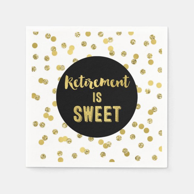 Guardanapo De Papel A aposentadoria Dourada de Confetti Negra é doce (Frente)