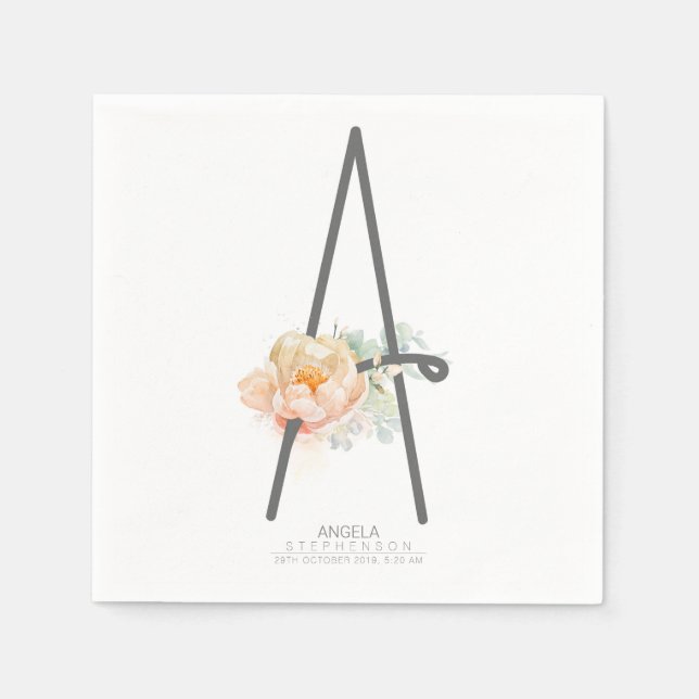 Guardanapo De Papel A Letra Monograma Blush Peach Floral CR (Frente)