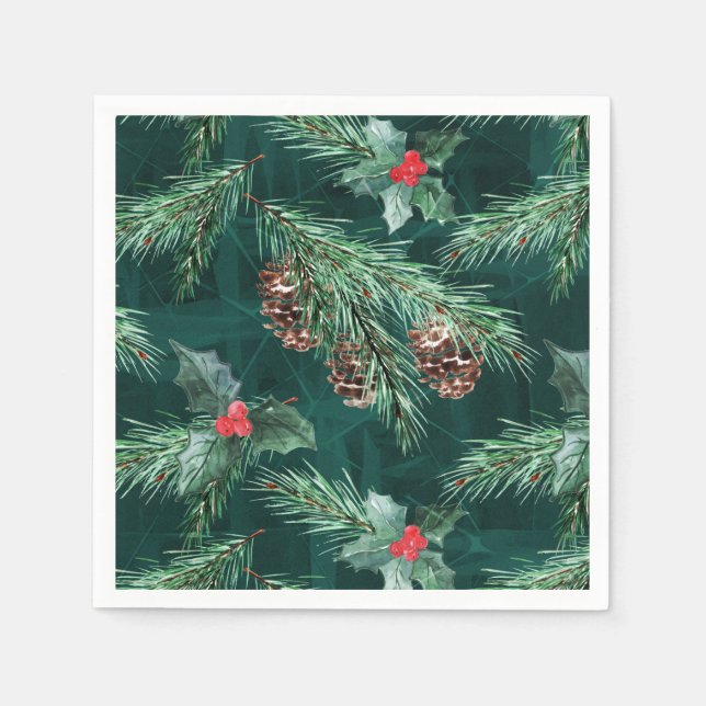Guardanapo De Papel Abeto de Natal aquarela com pinhas (Frente)
