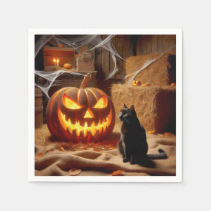 Guardanapo De Papel Abóbora de Halloween e Gato no Celeiro