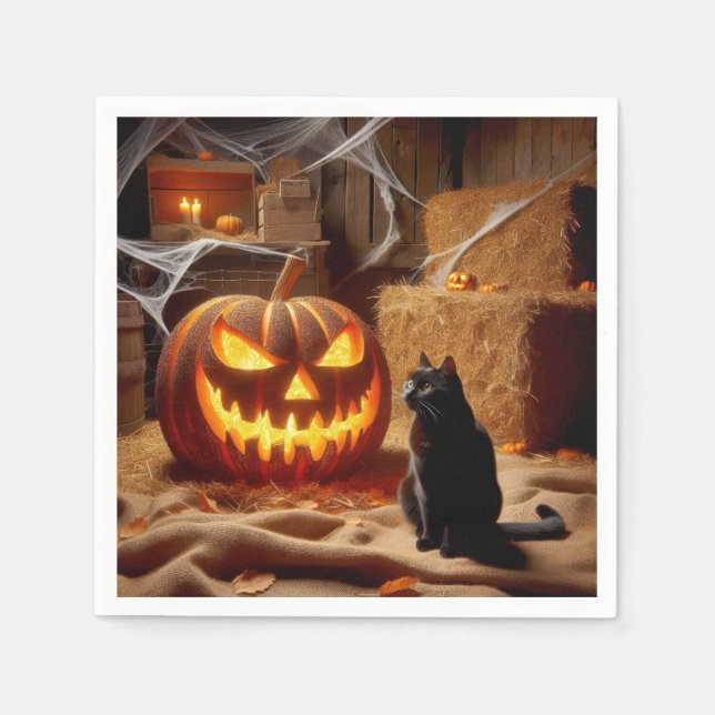 Guardanapo De Papel Abóbora de Halloween e Gato no Celeiro (Frente)
