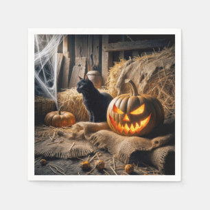Guardanapo De Papel Abóbora de Halloween e Gato no Celeiro