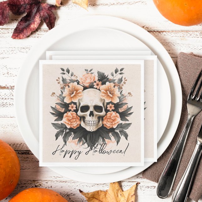 Guardanapo De Papel Abóbora Floral Crânio Halloween (Spooky but elegant floral Halloween napkins.)