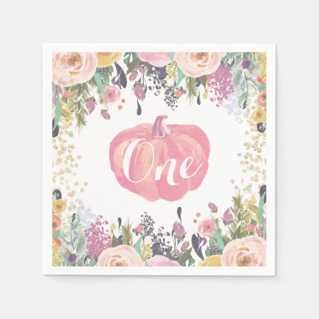 Guardanapo De Papel Abóbora Primeiro Aniversário Glitz Dourada Floral (Frente)