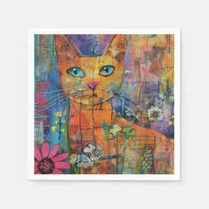 Guardanapo De Papel Abstrato de Watercolor Vintage Cat (8)